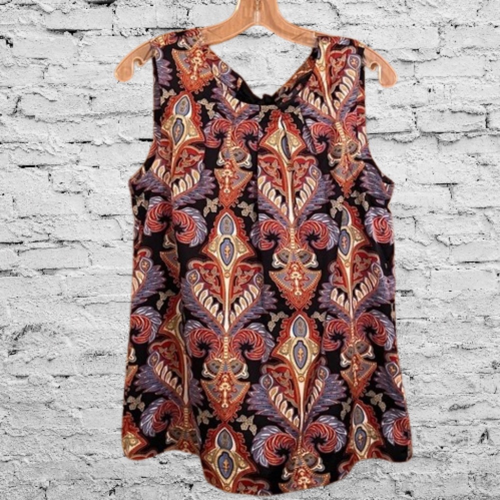 Sleeveless Ornate Damask Print Ribbon Bow Holiday Blouse